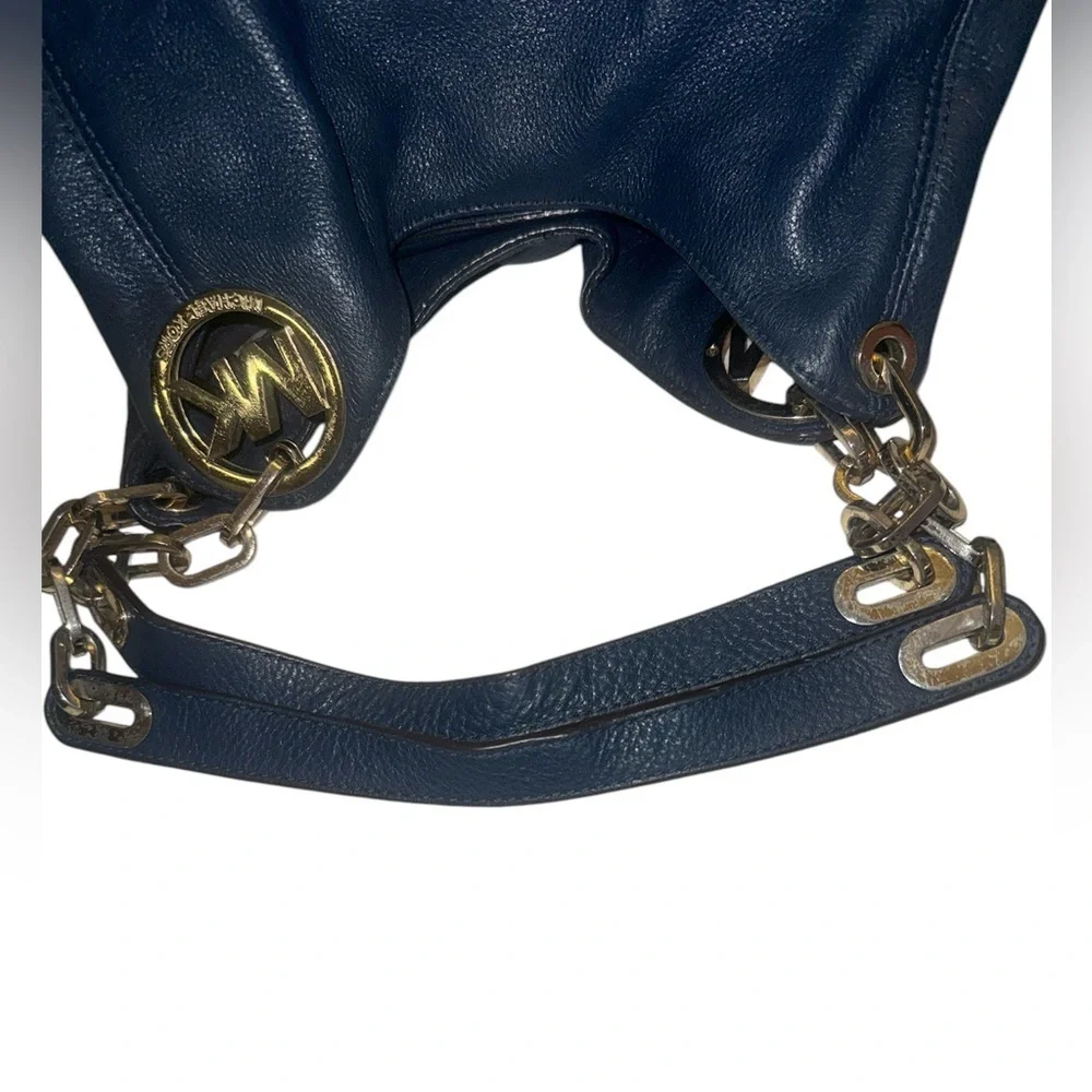 Michael Kors Large Fulton Triple Compartment Hobo Shoulder Bag Navy Leather Gold